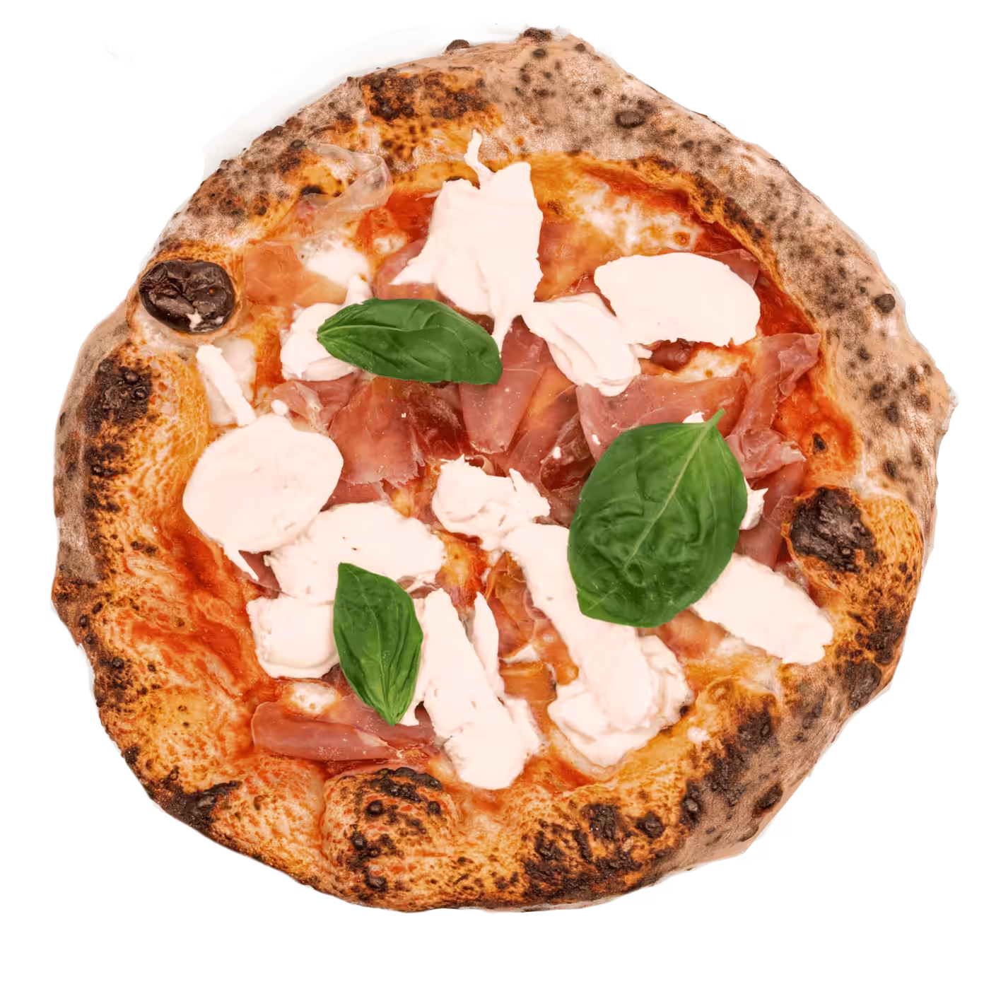 Pizza O Vincitore, pelati San Marzano DOP, mozzarella di bufala campana DOP, prosciutto crudo